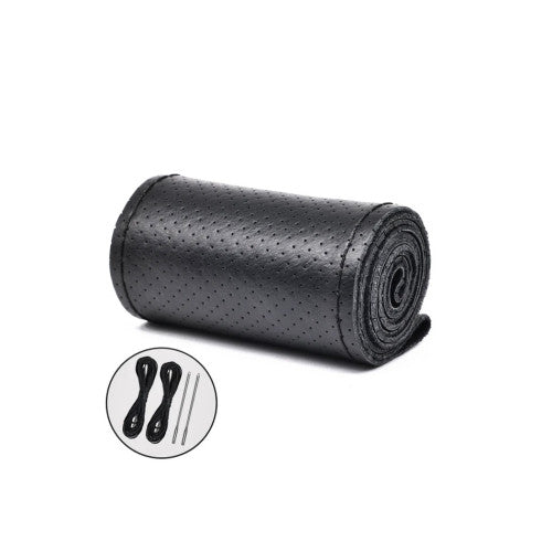 Husa volan auto piele perforata premium cu ac si ata negru marime L 41 cm Cod: LUXFST01