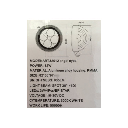 Proiector LED 12W 935 lm 10V-30V Spot 30° 4D cu Angel Eyes  Cod: ART32012