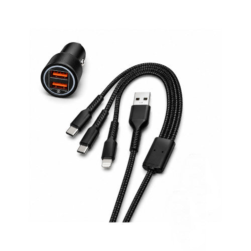 Incarcator auto cu cablu 3 in 1 25W 4.8A 2 porturi USB Fast Charge negru 1.20 m 12V 24V Cod: PG-283