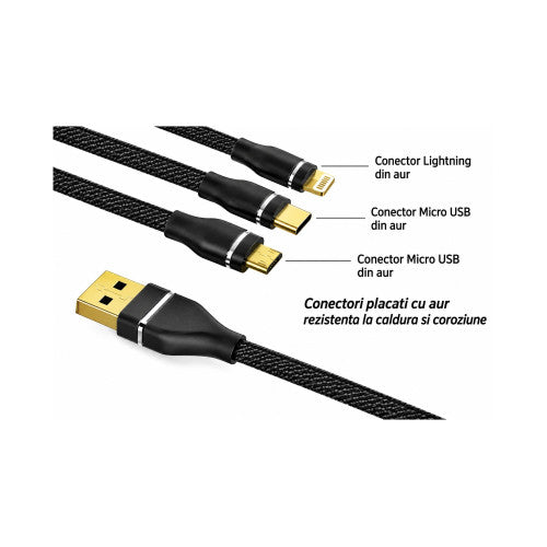 Cablu incarcare 3 in 1 impletit USB-A la Type C Micro USB si Lightning 3.4A Quick Charge negru 1.20 m Cod: C36