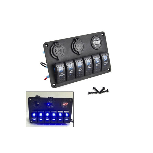 Panou cu voltmetru, USB, priză 12V și 6 întrerupătoare Cod: SP10